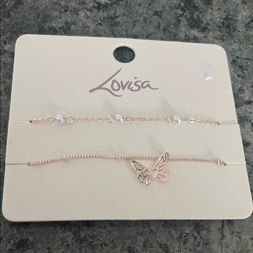 Lovisa Rose Gold Butterfly & Pearl Layered Bracelet Set